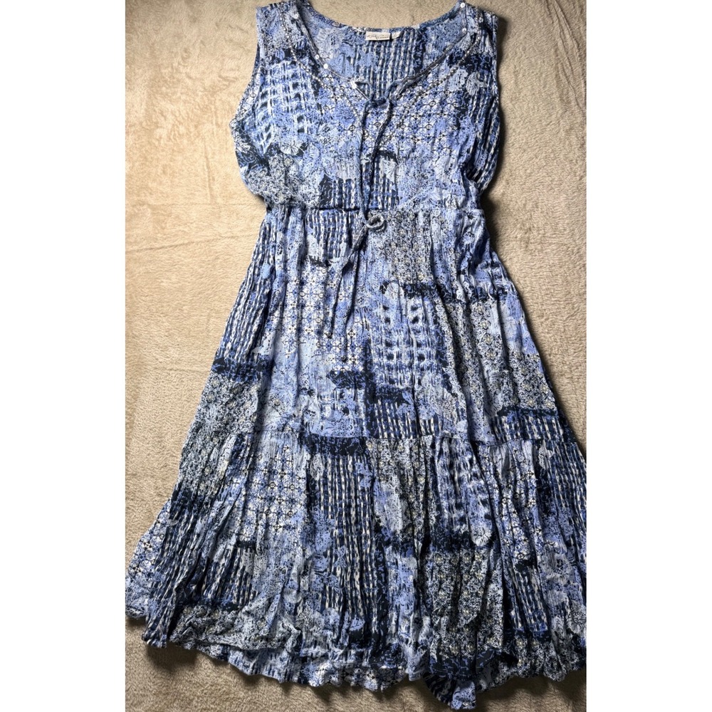 Kim Rogers Blue Patchwork Sequin Sleeveless Midi Dress Large Boho Summer Hippie‎